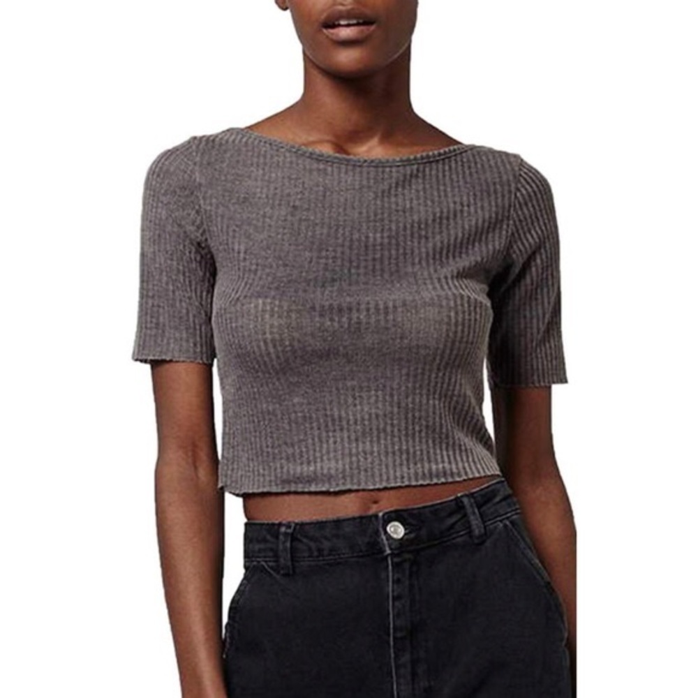 TOPSHOP Ribbed Slashed Gray Crop Top Sz 2